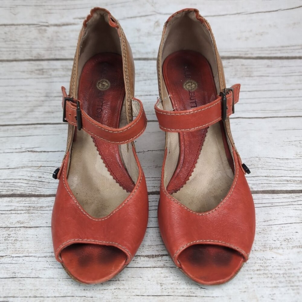 Gold Button Coral And Brown Peep Toe Mary Jane Pumps Women Size 40
